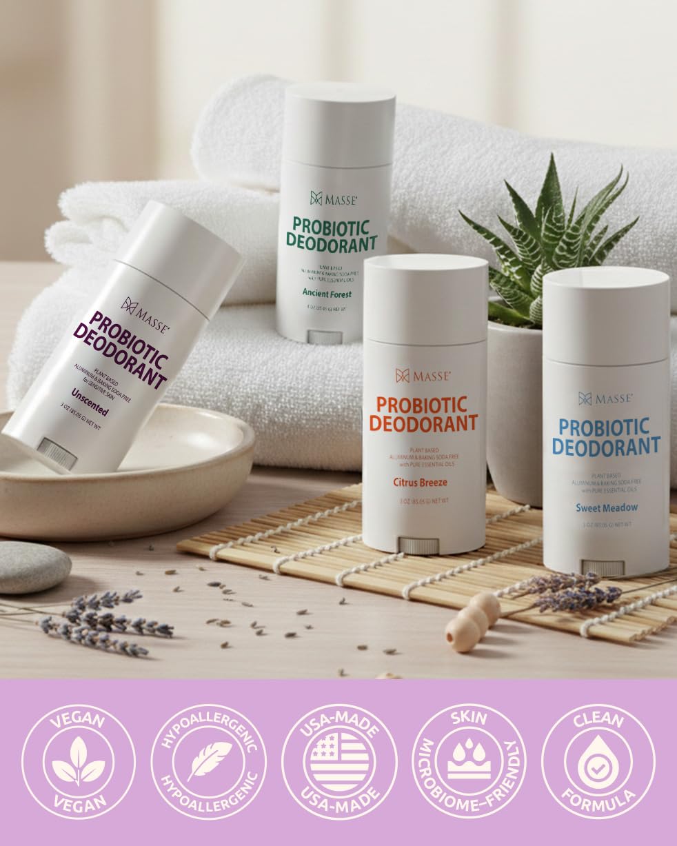 MASSE Probiotic Deodorant - Natural Deodorant for Women & Men, Plant-Based Aluminum & Baking Soda Free Deodorant Stick, 3 oz by Candida Freedom
