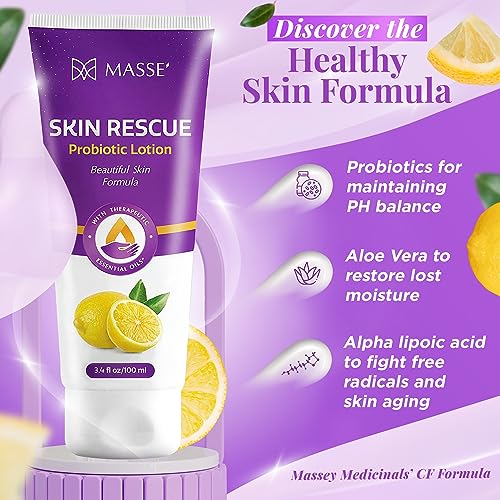 Masse' Skin Rescue Probiotic Lotion - Daily lotion for Men & Women - Refreshing Lemon Scent - Non-Greasy Moisture for Smooth & Sensitive Skin - 3.4 oz