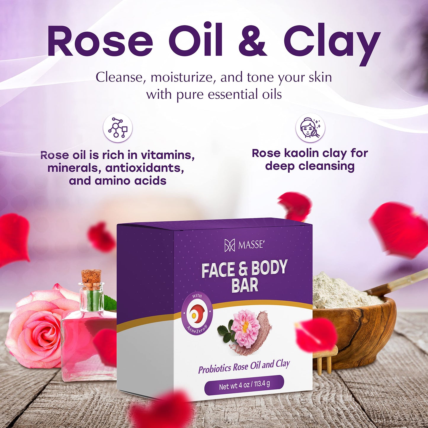 MASSE' Skin Soothing Cleanser | Rose Oil and Clay Probiotic Face and Body Wash | Coleus and Vitex Berry extracts | Natural Organic Soap Bar Cleansing for Sensitive Skin l For Men and Women