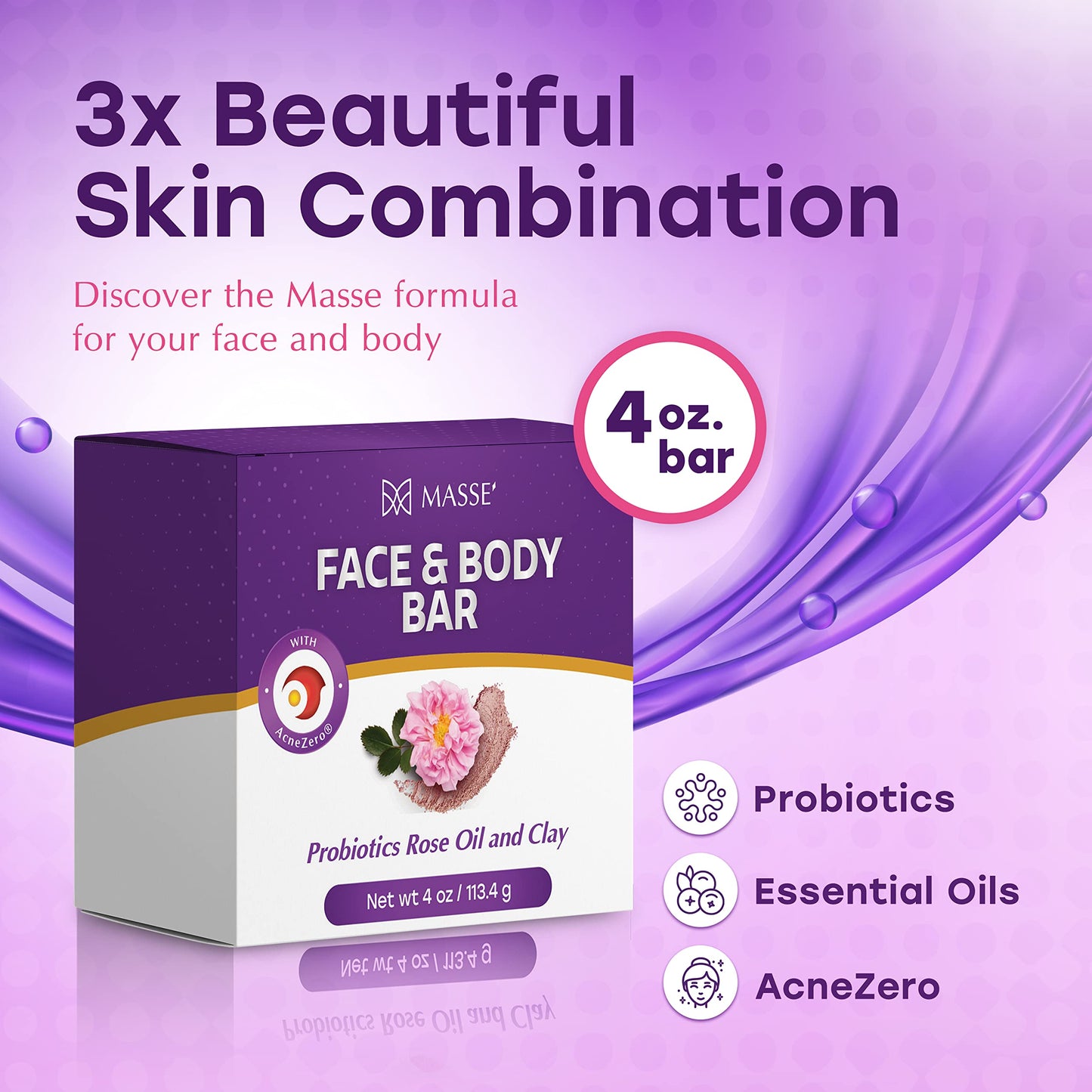 MASSE' Skin Soothing Cleanser | Rose Oil and Clay Probiotic Face and Body Wash | Coleus and Vitex Berry extracts | Natural Organic Soap Bar Cleansing for Sensitive Skin l For Men and Women