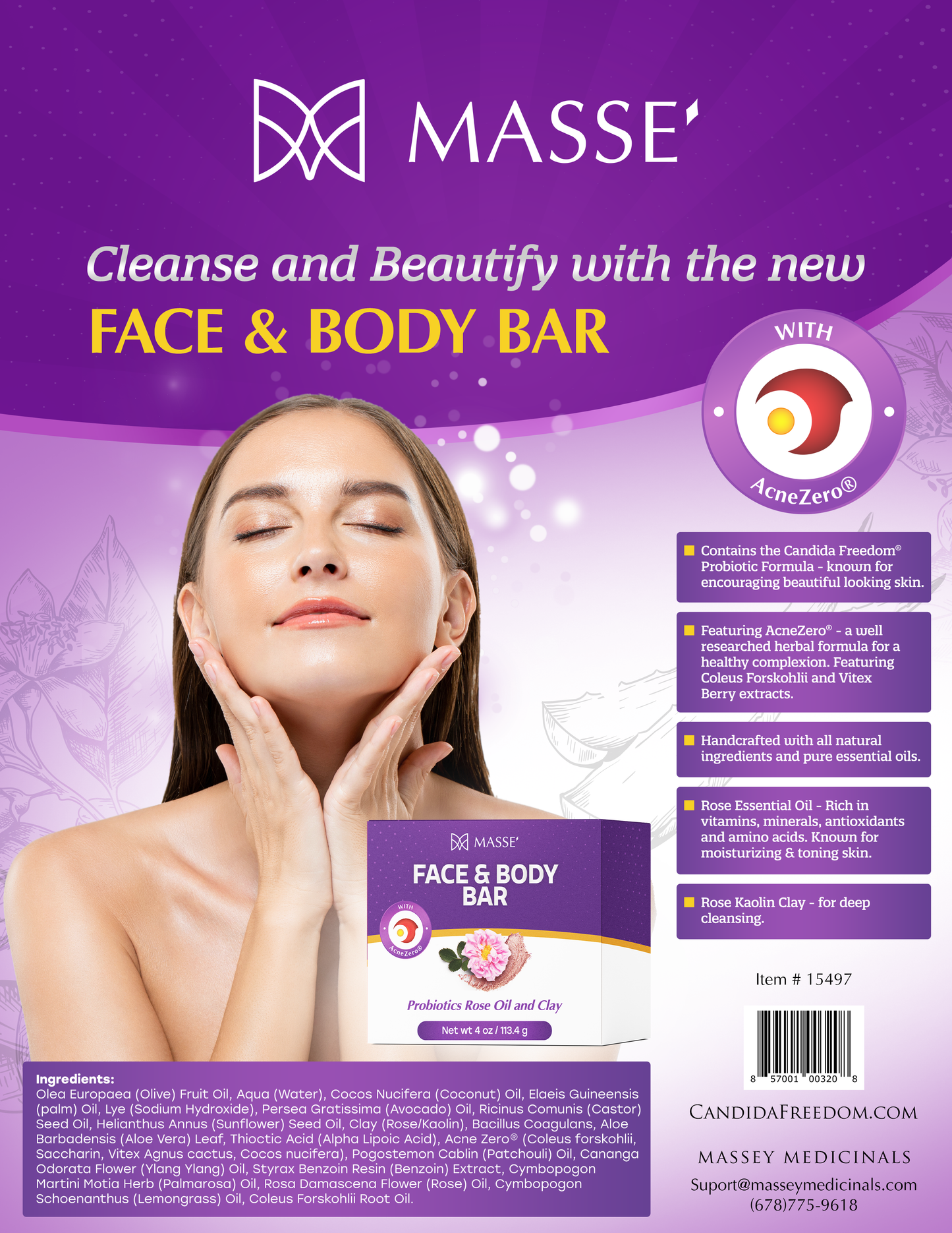 MASSE' Skin Soothing Cleanser | Rose Oil and Clay Probiotic Face and Body Wash | Coleus and Vitex Berry extracts | Natural Organic Soap Bar Cleansing for Sensitive Skin l For Men and Women