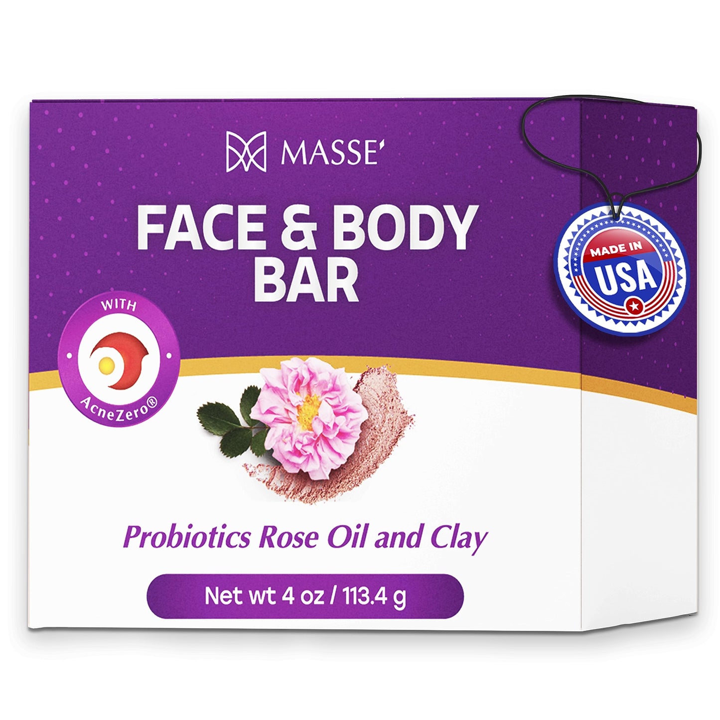 MASSE' Skin Soothing Cleanser | Rose Oil and Clay Probiotic Face and Body Wash | Coleus and Vitex Berry extracts | Natural Organic Soap Bar Cleansing for Sensitive Skin l For Men and Women