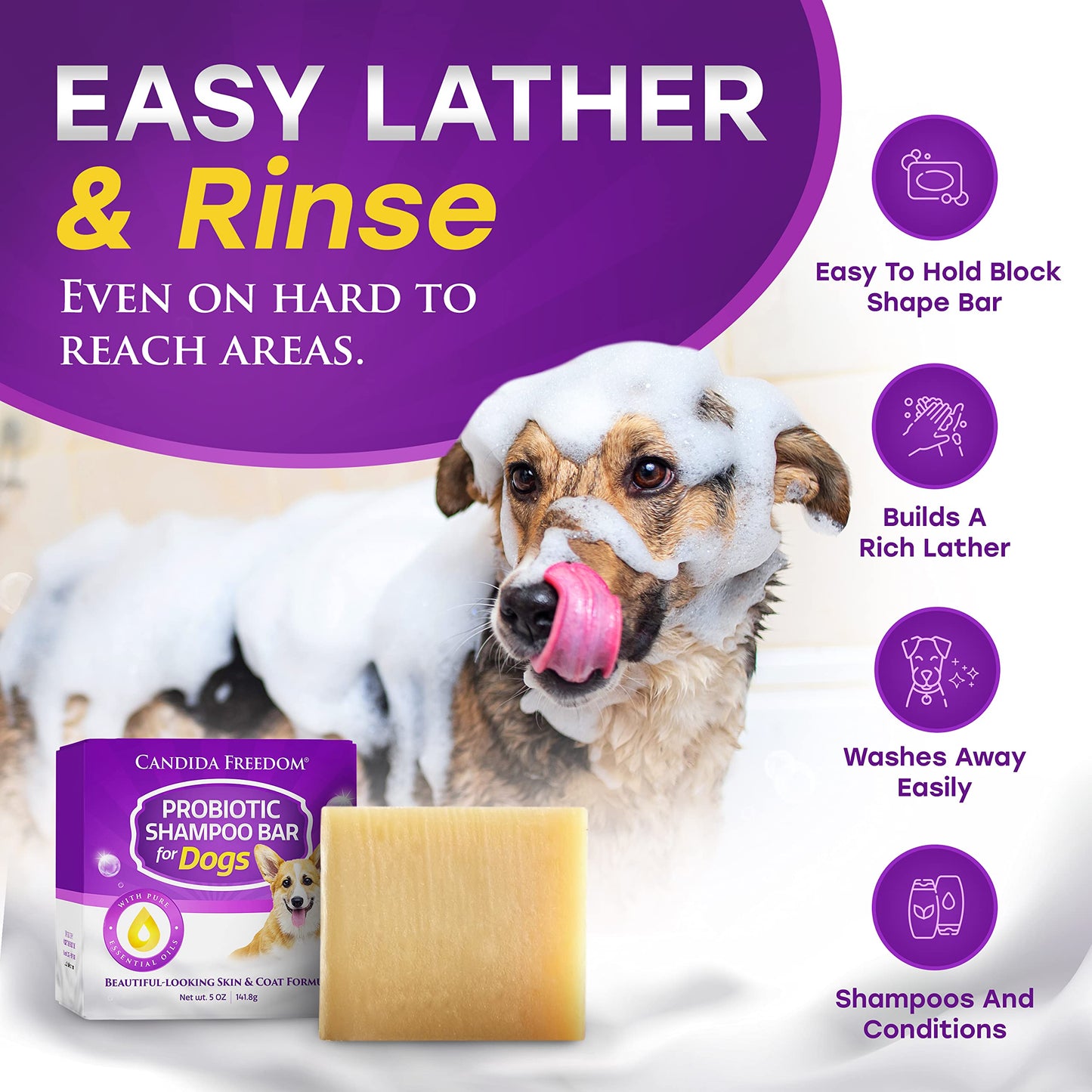 Candida Freedom Natural Dog Shampoo Bar with Probiotics and Essential Oils, Ease Itchiness – Cedar Forest and Patchouli Scent – Full 5 oz Bar – Convenient and Gentle to Skin