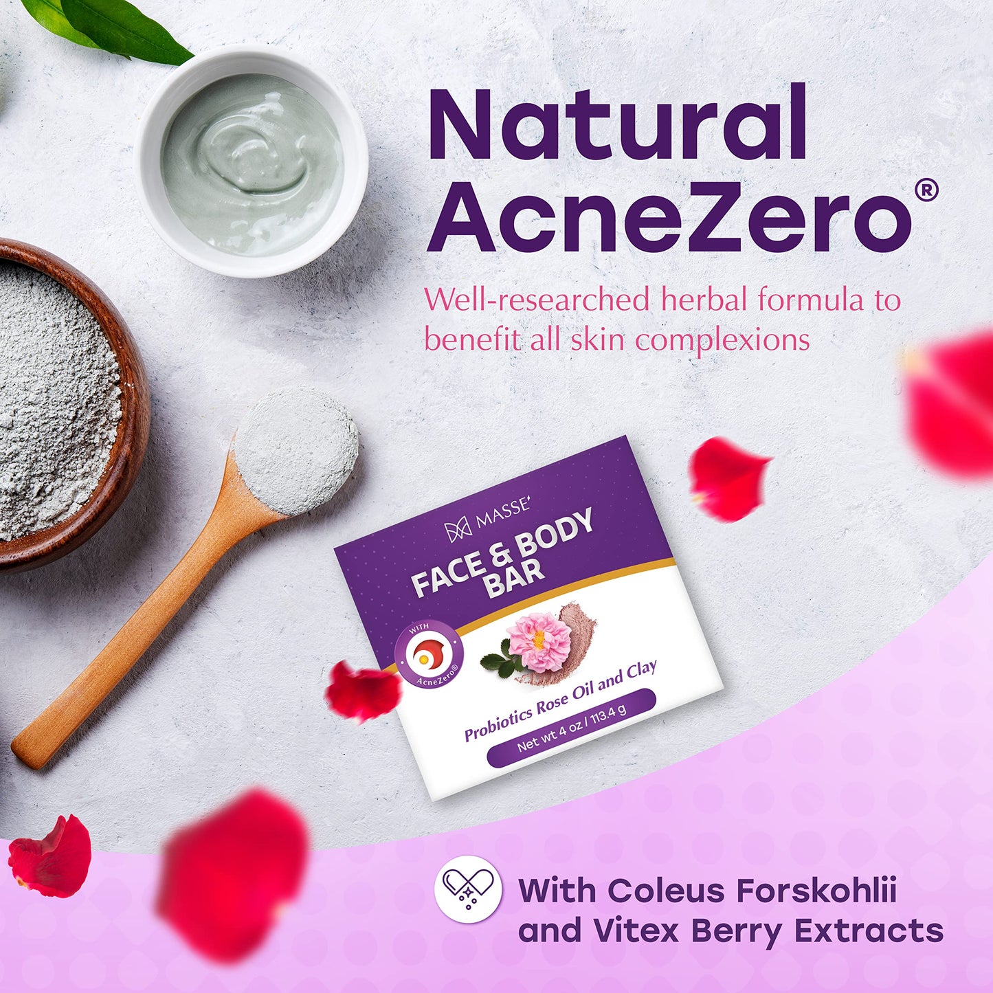 MASSE' Skin Soothing Cleanser | Rose Oil and Clay Probiotic Face and Body Wash | Coleus and Vitex Berry extracts | Natural Organic Soap Bar Cleansing for Sensitive Skin l For Men and Women