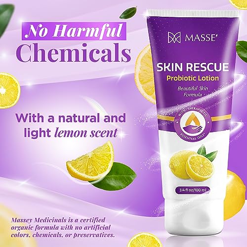 Masse' Skin Rescue Probiotic Lotion - Daily lotion for Men & Women - Refreshing Lemon Scent - Non-Greasy Moisture for Smooth & Sensitive Skin - 3.4 oz